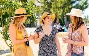 Three ladies in sunhats drinking wine