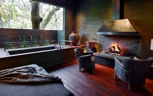 inside of Meadowood spa with couch fire place and large tub