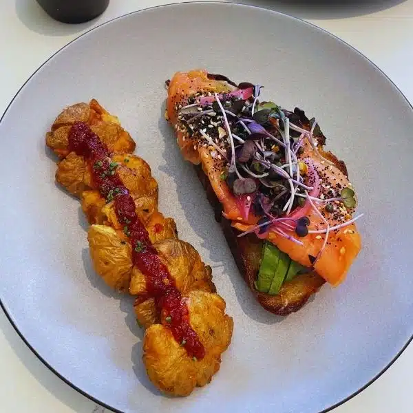 avocado toast with salmon and potatoes 