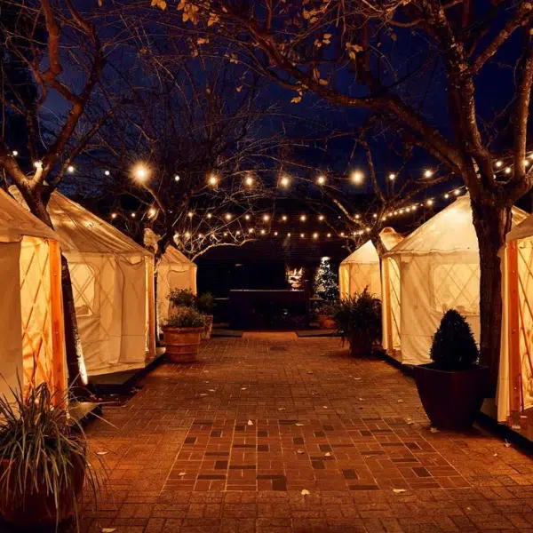 Yurts light by string lights