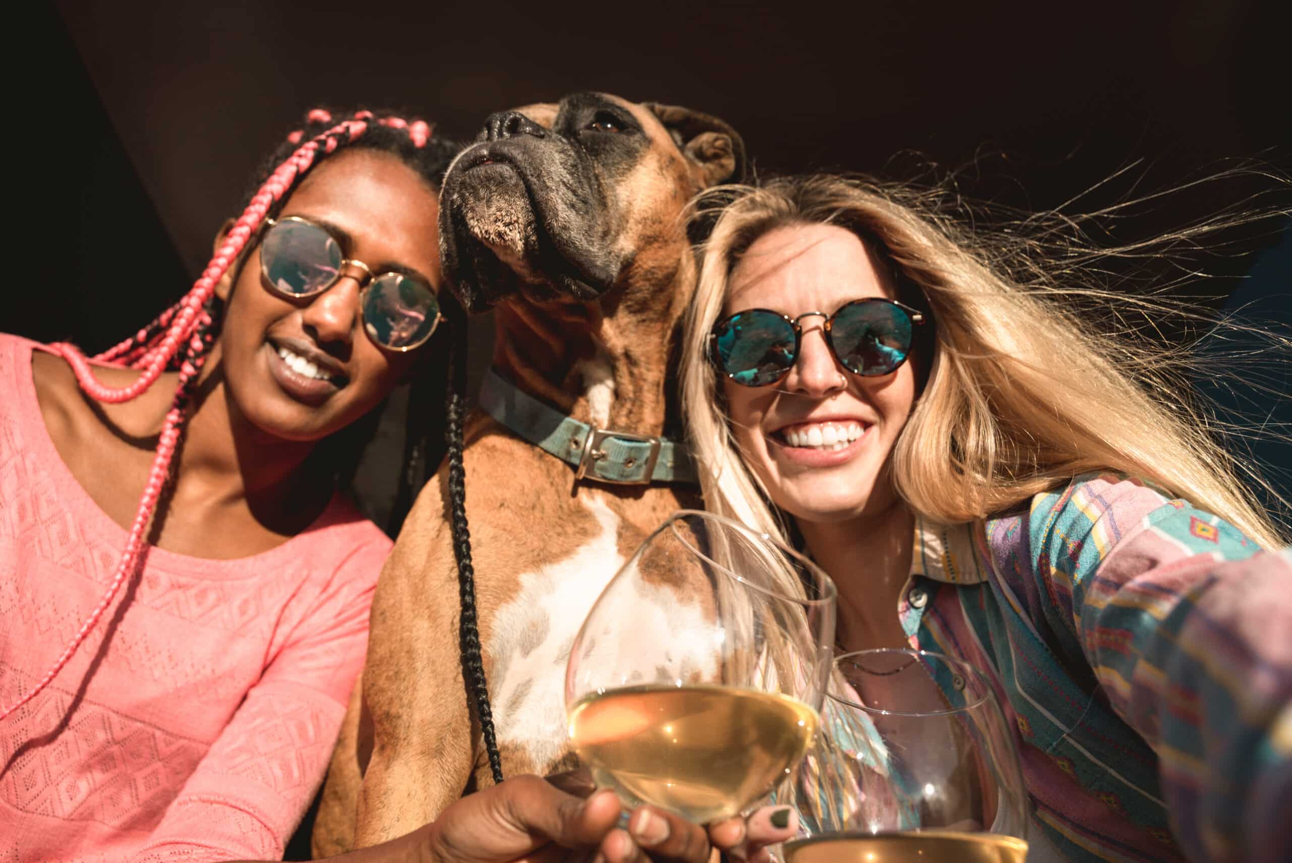 Young multiracial women friends having fun with their dog taking