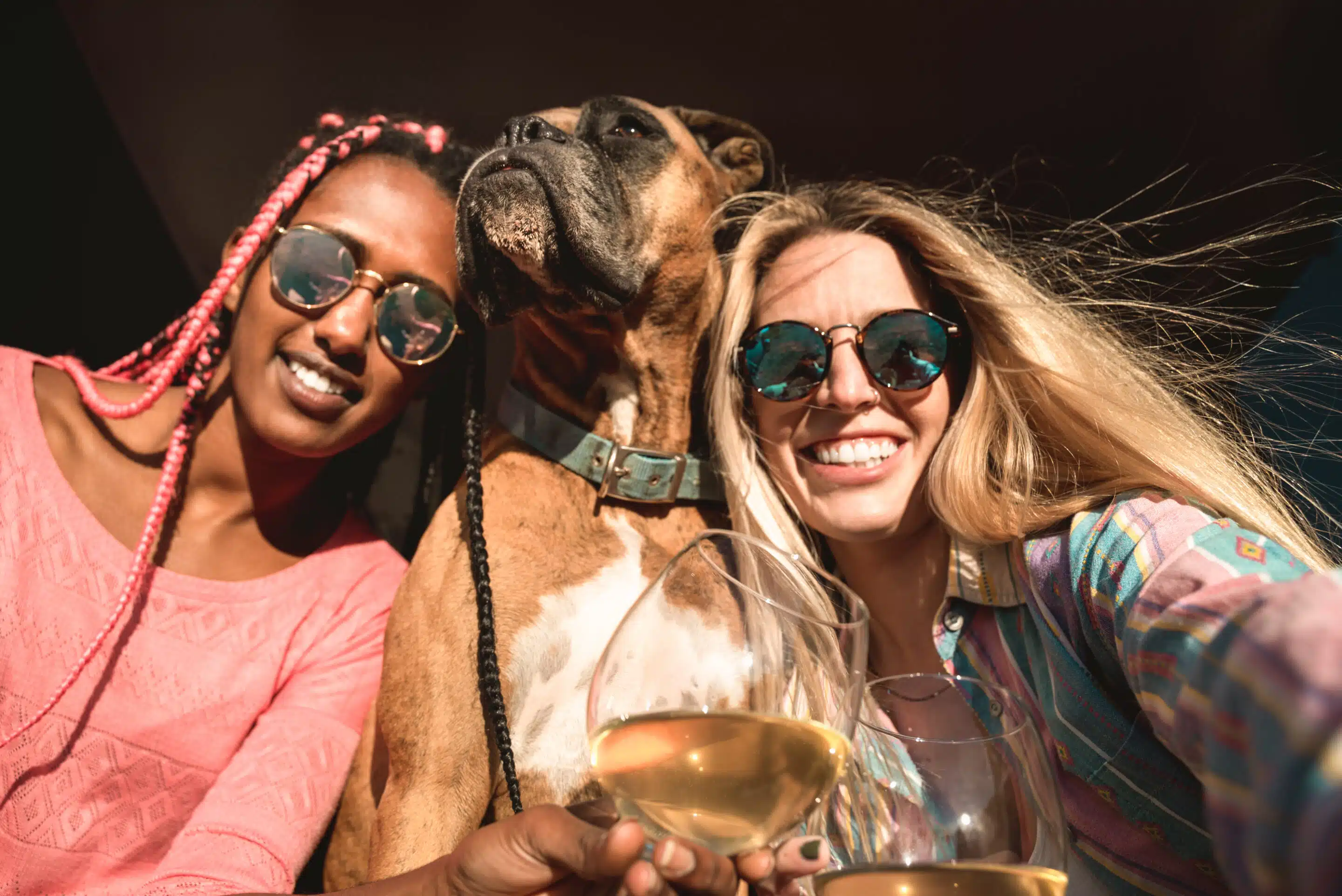 Young multiracial women friends having fun with their dog taking