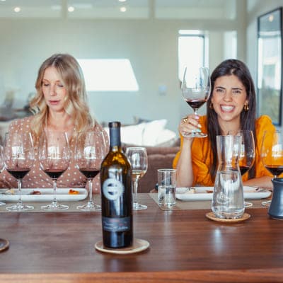 two women sitting at a counter drinking wine