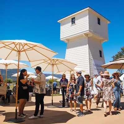 people standing around talking and drinking wine