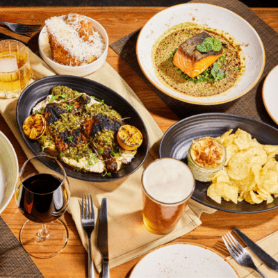 food plates and drinks on table