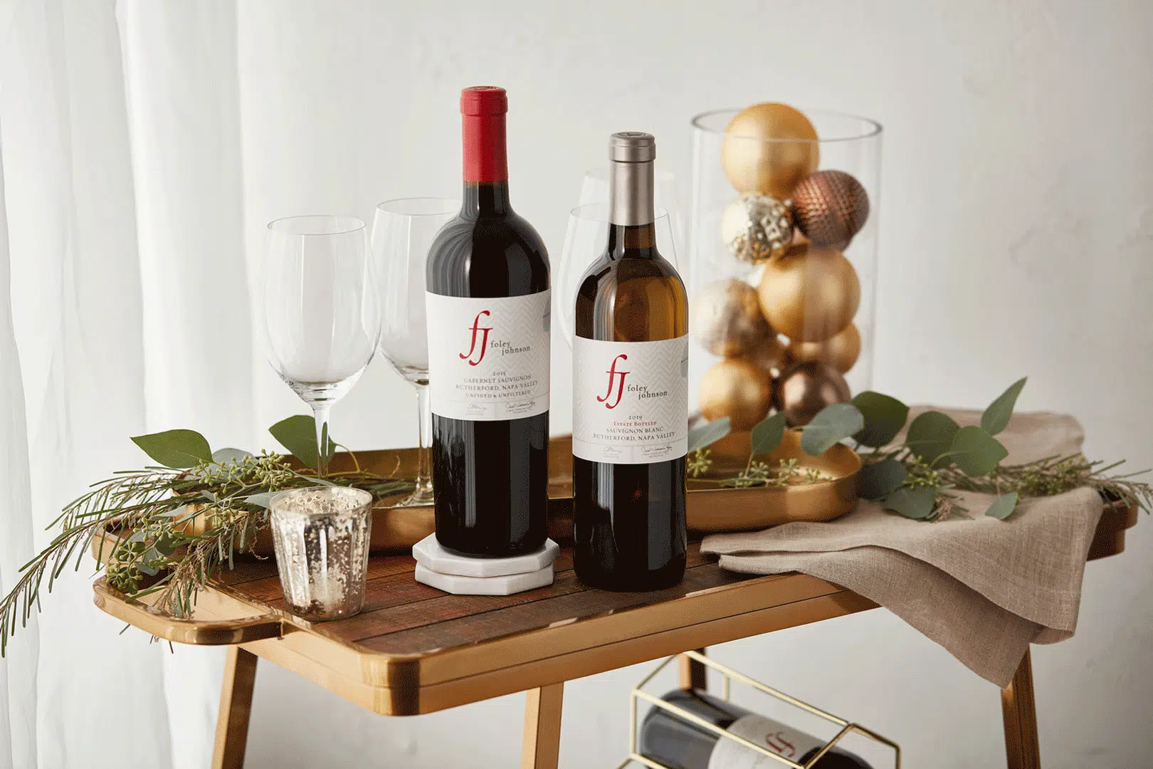 Silverado Vineyards Holiday Estate, two bottles of wine on holiday decorated table