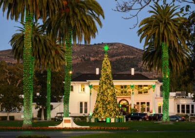 christmas tree lit up in front of silverado resort