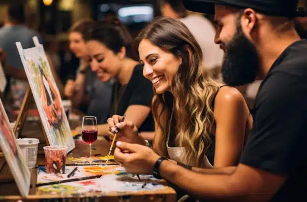 couple painting a canvas in a class<br />
