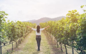 woman standing in vineyards with arms stretched out
