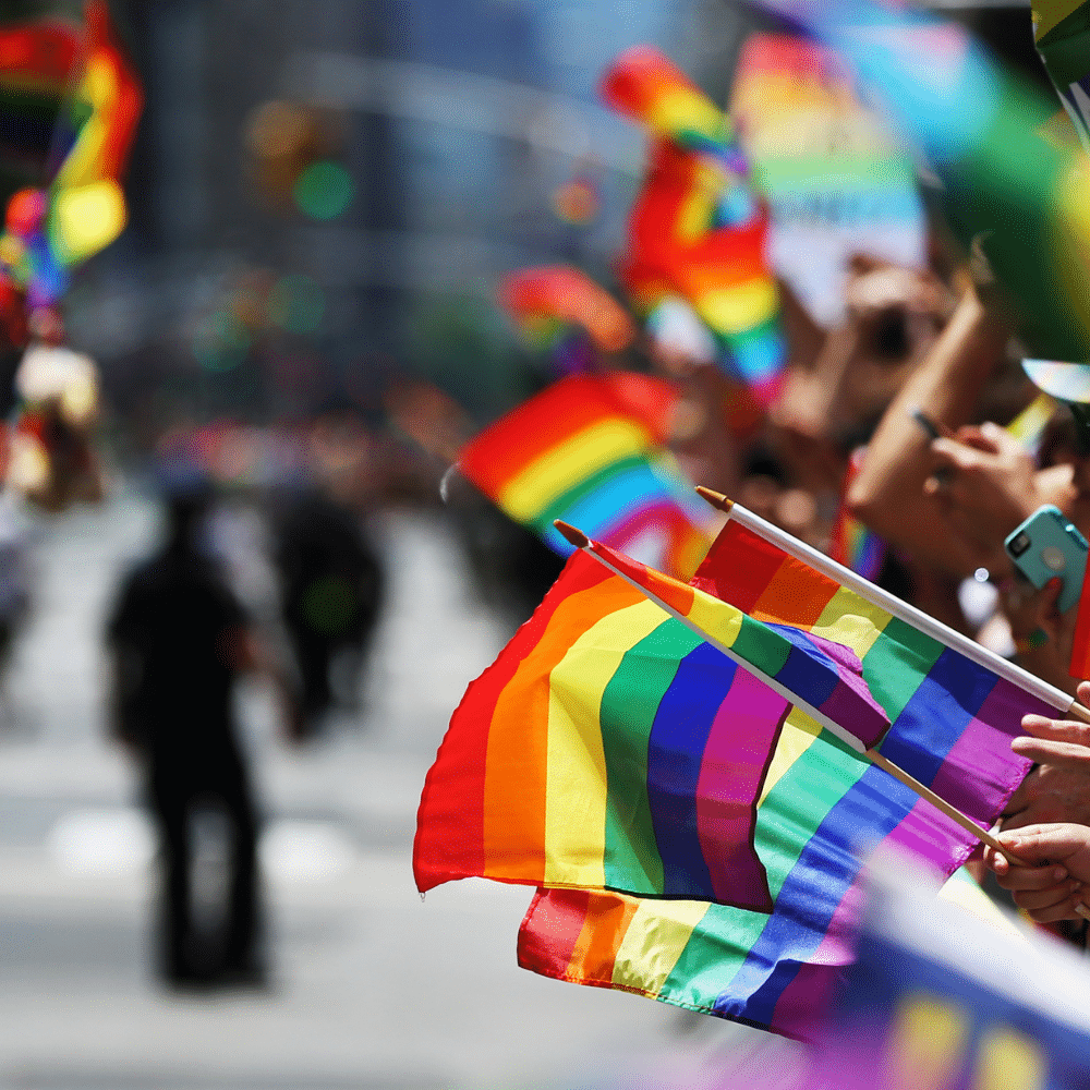 County Napa pride 6/4 People holding small pride flags along side of city road