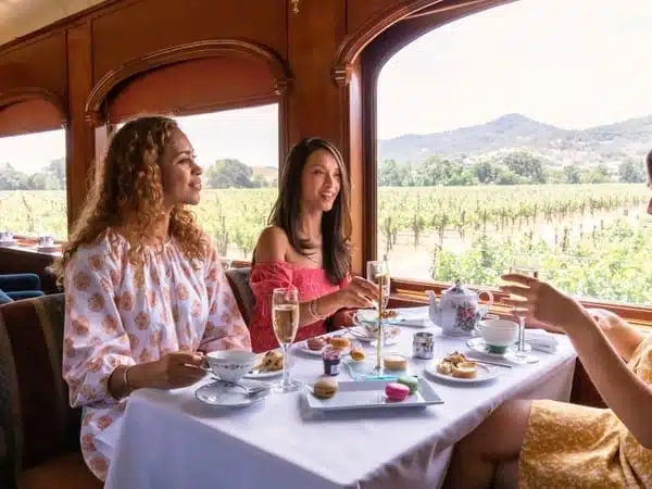 people sitting at table on train enjoying food and wine<br />
