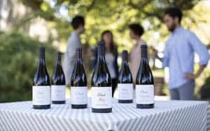 wine bottles sitting on a table outside