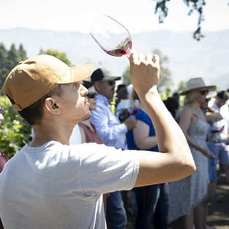 08-24 Spetember in Napa Valley groth summer school guy inspecting wine in wine glass outside<br />