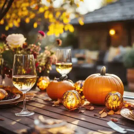 fall decor and white wine on outdoor table