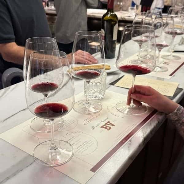 12-24 Discover Beaulieu Vineyard’s New Clone Expression Tasting Experience flight wine glasses on counter with wine