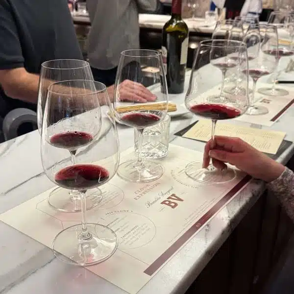 wine glasses on counter with wine