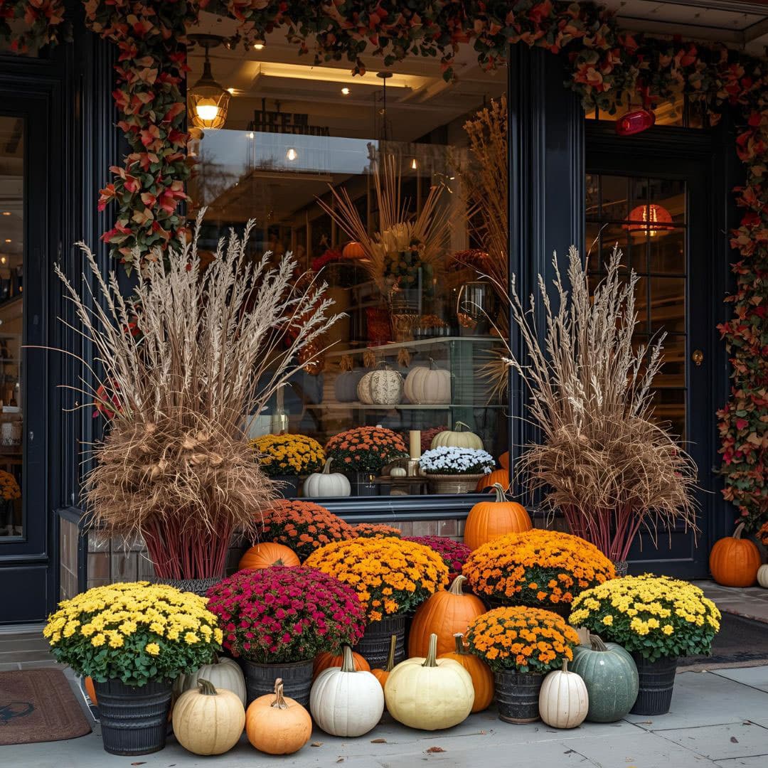 pumpkins and flowers with fall colors