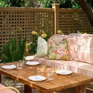 outside dining with a pink couch at Clementine Yountville