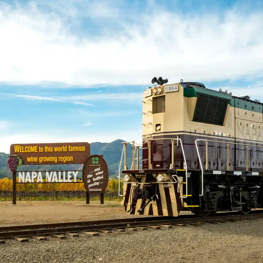 napa valley wine train outisde of famous napa sign