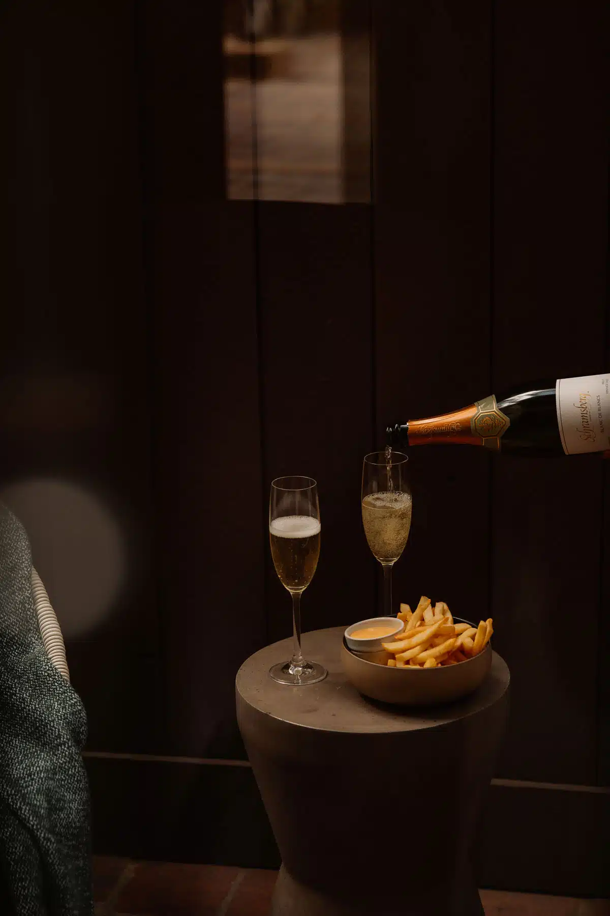 view of fries and champagne at the North Block Hotel