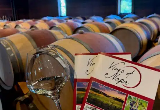 wine glass and vines of napa passport in front of barrels